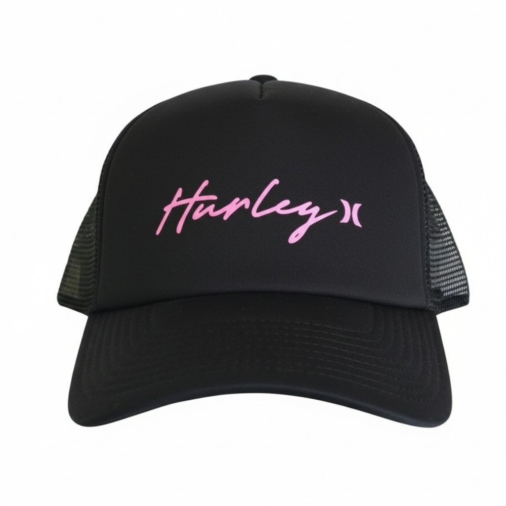 Hurley Black Trucker Cap with Pink Script Logo